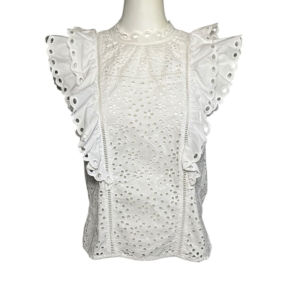 Veronica Beard Calisata Ruffled Eyelet-Embroidered Top White Cotton Size 2 - Picture 2 of 11